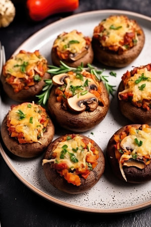 A plate of stuffed mushrooms on a table.の素材