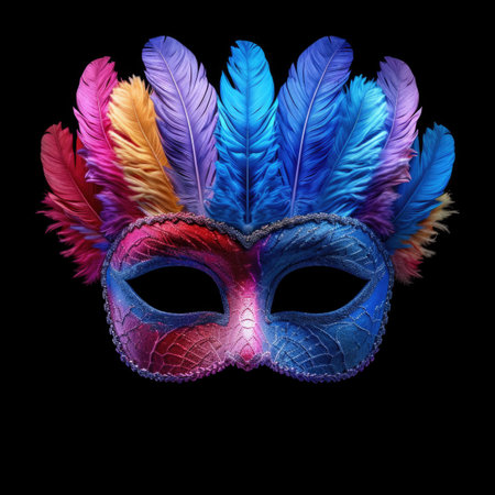 A colorful mask with feathers on a black background. Mardi Gras carnival mask.の素材