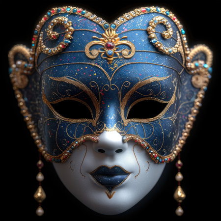 A close up of a mask on a black background. Mardi Gras carnival mask.の素材