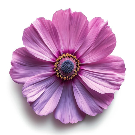 A close up of a purple flower on a white surface.の素材