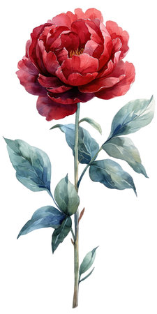 A painting of a red flower with green leaves.の素材