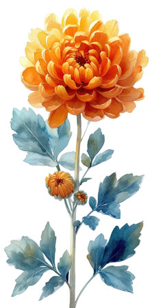 A painting of an orange flower with blue leaves. Golden chrysanthemum flower.の素材