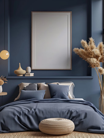 A bedroom with blue walls and a large bed. Frame mockup with copy-space.の素材