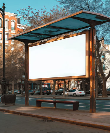 A bus stop with a billboard on the side of the road. Large outdoor billboard mockup.の素材