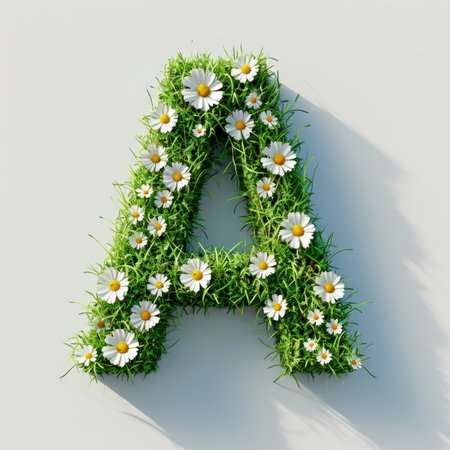 The letter a is made of grass and daisies.の素材