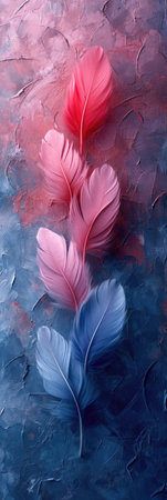 A painting of three pink and blue feathers.の素材