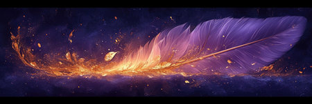 A purple feather that has been blown by fire. Panoramic banner, header or footer.の素材