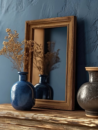Two vases are sitting on a shelf next to a mirror.の素材