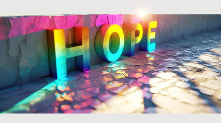 The word hope is lit up in rainbow colors.の素材