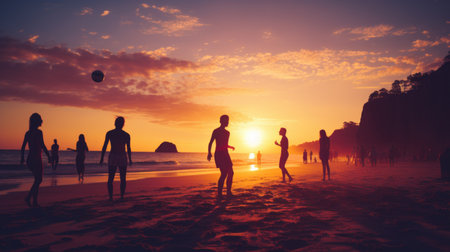 A group of people on a beach playing with a ball.の素材