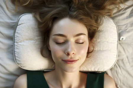 A woman laying on a bed with her eyes closed. Memory Foam Neck Support Pillow and Neck Pillow for Neck Headache Support,の素材