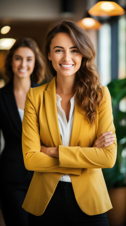 A woman in a yellow blazer standing with her arms crossed. Elegant business woman in tailored suitの素材