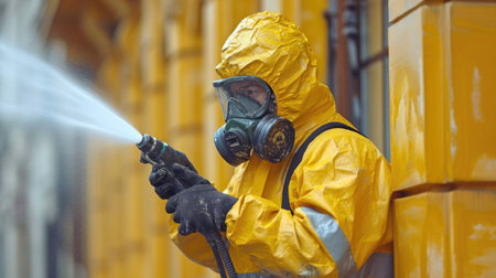 A man in a yellow protective suit spraying water. Pressure washer in the building industry.の素材