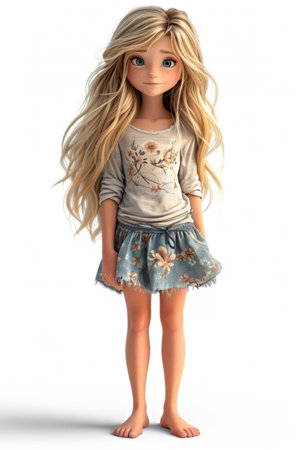 A doll with long blonde hair and a dress. Clipart isolated on white background.の素材