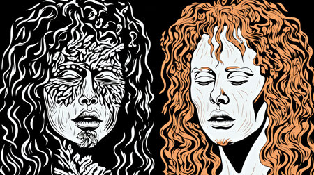 A drawing of a womans face and a mans face. Surreal symmetrical monochromatic graphicsの素材