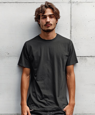 A man in black blank tshirt is standing against a wall with his hands in his pockets.の素材