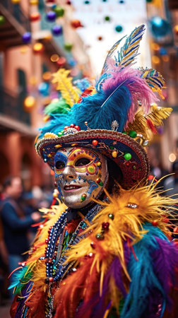 A man wearing a colorful mask and feathered hat. Mardi Gras colorful carnival costume.の素材