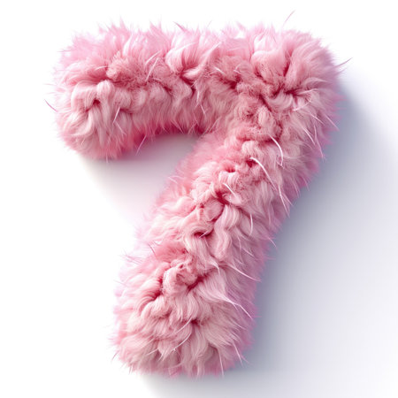 A pink fuzzy number seven on a white surface.の素材