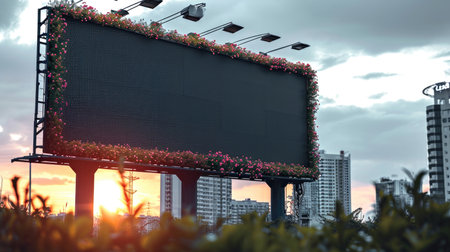 A large black billboard with pink flowers on it. Large outdoor billboard mockup.の素材