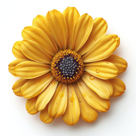 A close up of a yellow flower on a white surface.の素材