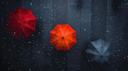 A group of three umbrellas sitting on top of a sidewalk.の素材