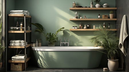 A bathroom with a tub, shelves, and plants.の素材
