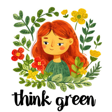 A girl with red hair is surrounded by flowers and leaves. Text think green.の素材