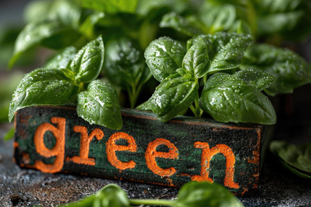 A wooden box filled with spinach leaves., text green on the box.の素材
