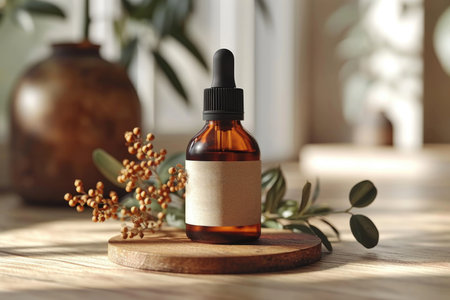 A bottle of liquid sitting on top of a wooden table. Beauty or wellness product mockup, copy-space.の素材