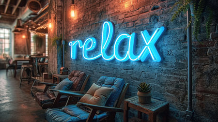 A room with a couch and a blue neon sign relax.の素材