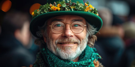A man wearing a green hat and scarf. St. Patrick day celebration outdoors, person in green costume and a hat.の素材
