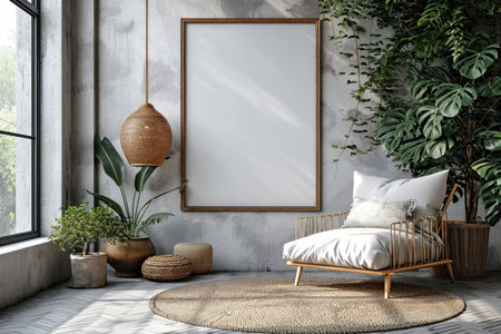 A room with a chair and a picture frame on the wall. Frame mockup with copy-space.の素材