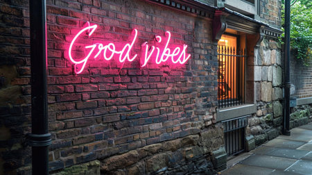 A neon sign that says good vibe on a brick wall.の素材