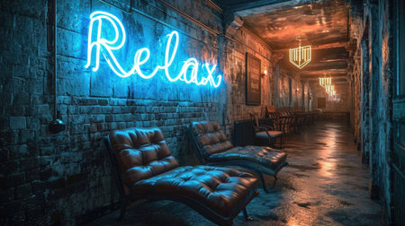 A room with a couch and a blue neon sign relax.の素材