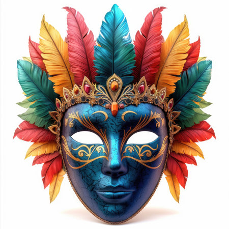 A colorful mask with feathers on a white background. Mardi Gras carnival mask.の素材