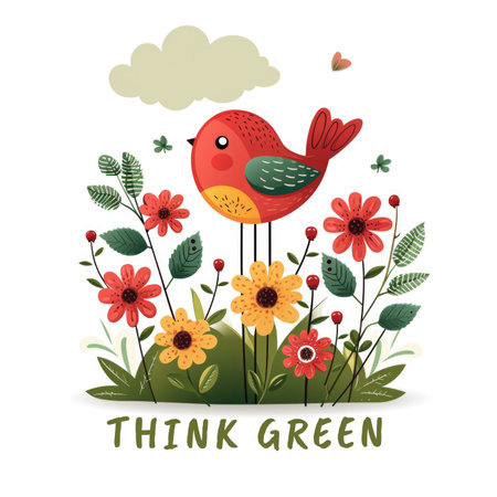 A red bird sitting on top of a lush green field. Text think green.の素材