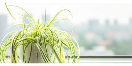 A spider plant sitting on a window sill.の素材