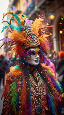 A person in a colorful costume with feathers on their head. Mardi Gras colorful carnival costume.の素材