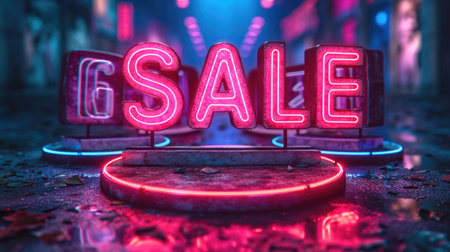 A neon sale sign sitting on top of a table.の素材