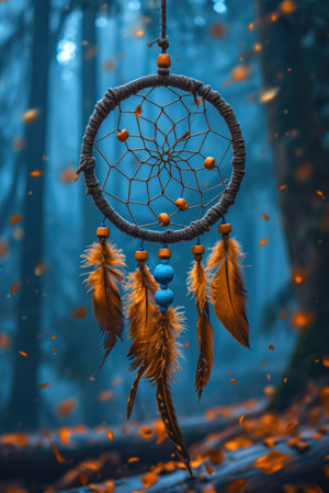 A dream catcher hanging from a rope in a forest.の素材