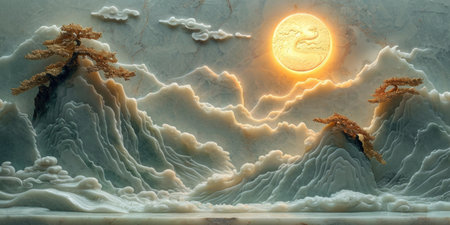 A picture of a mountain scene with a full moon. Jade landscape in Chinese style.の素材