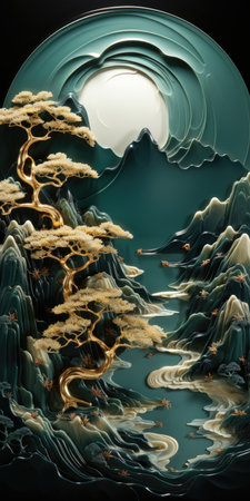 A painting of a mountain scene with a full moon. Jade landscape in Chinese style.の素材