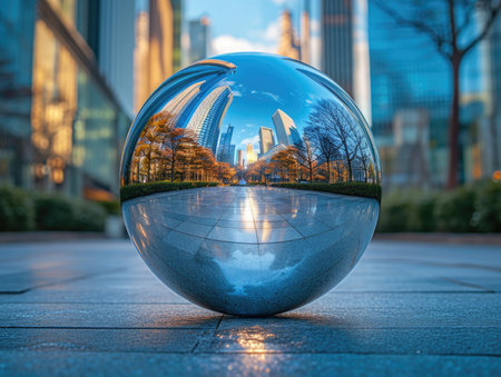 A glass ball with reflections of megapolis with skyscrapers.の素材
