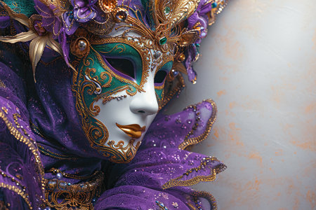 A close up of a person wearing a mask. Mardi Gras mask and costume on grey background with copy-space.の素材