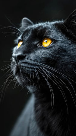 A close up of a black cat with yellow eyes. Animalistic wallpaper backgroundの素材