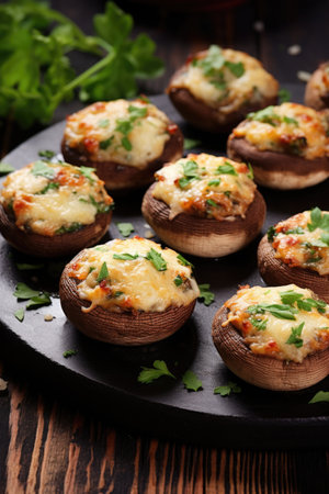 A plate of stuffed mushrooms on a wooden table.の素材