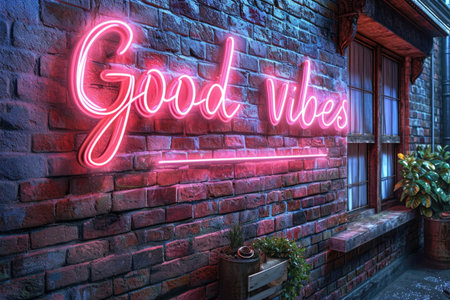 A neon sign that says good vibe on a brick wall.の素材