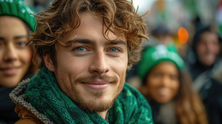 A man wearing a green scarf and a green hat. St. Patrick day celebration outdoors, person in green costume and a hat.の素材