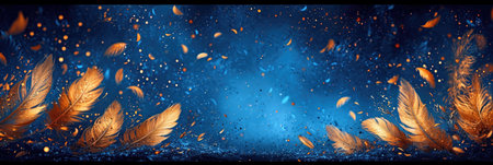 A group of golden feathers flying in the air. Panoramic banner, header or footer.の素材