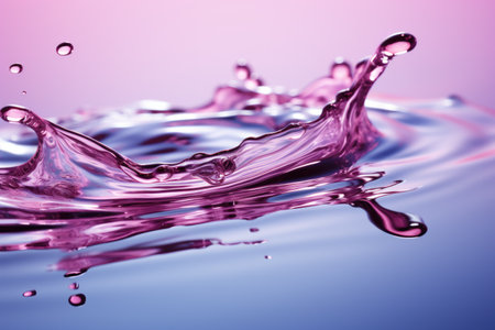 A pink water drop splashing on a blue surface. Abstract wallpaper background in pink and purple.の素材